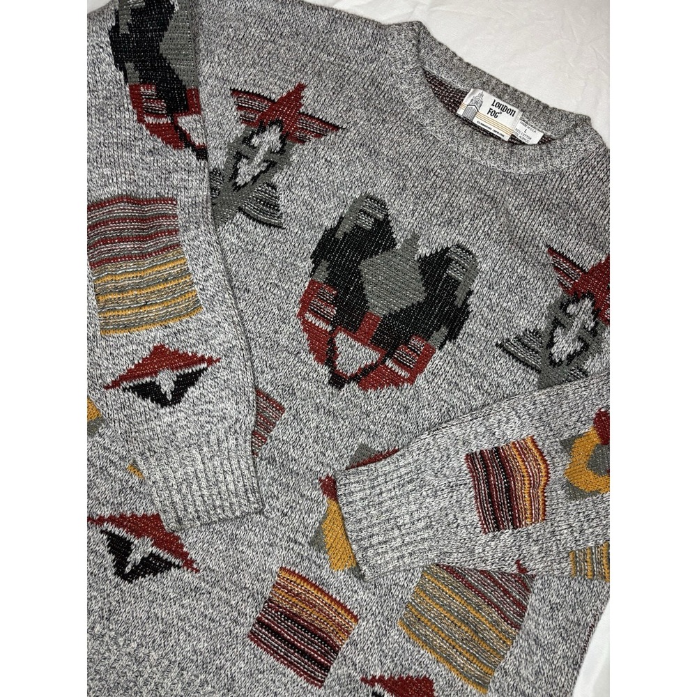 Vintage London Fog Sweater Men's Large Gray Aztec Geometric Print‎ Made in USA